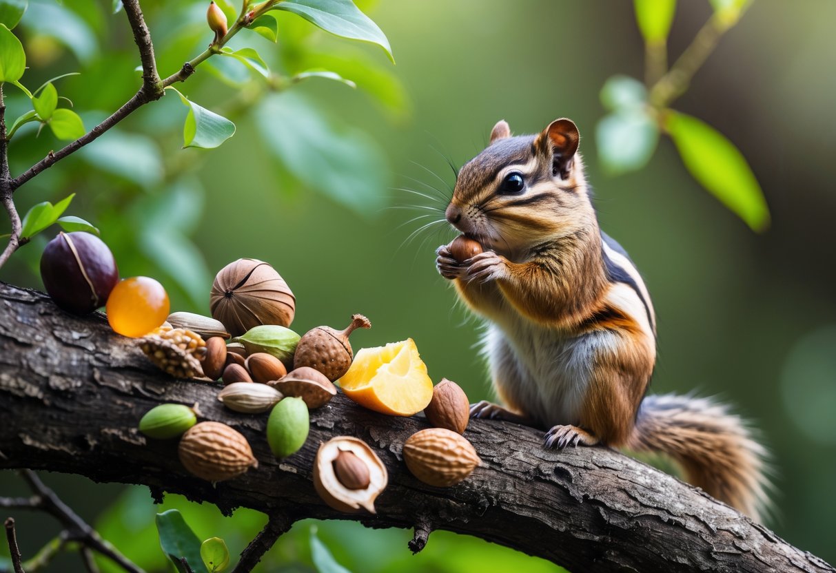 A chipmunk sitting on a tree branch eating a nut surrounded by acorns, seeds, berries, and fruit in a forest.