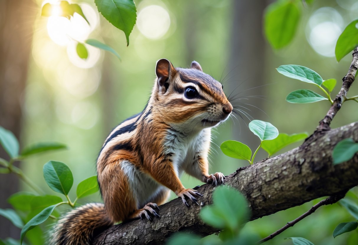 A chipmunk sitting on a tree branch in a forest with green leaves around it.