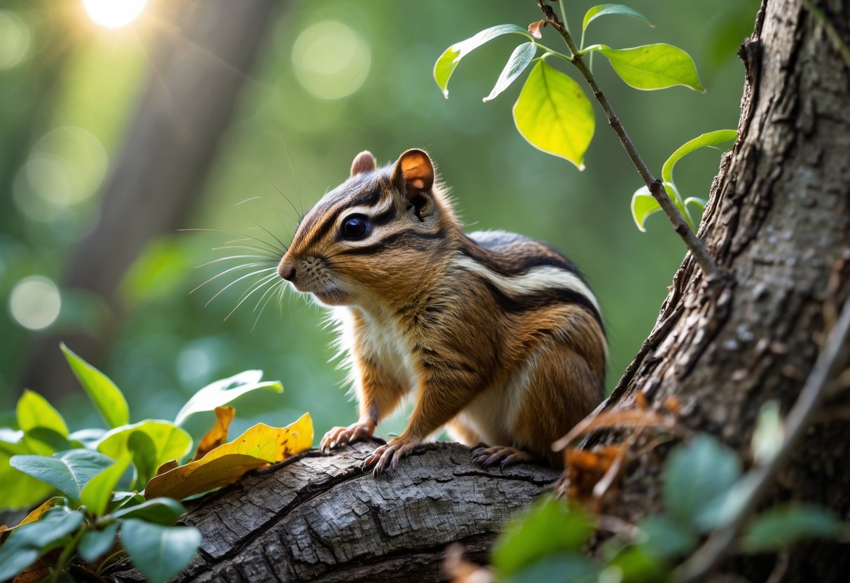 A chipmunk sitting on a tree branch surrounded by green leaves in a forest.