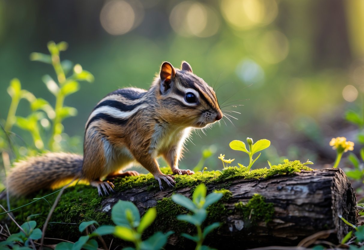 A chipmunk sitting on a mossy log surrounded by green plants and wildflowers in a forest.