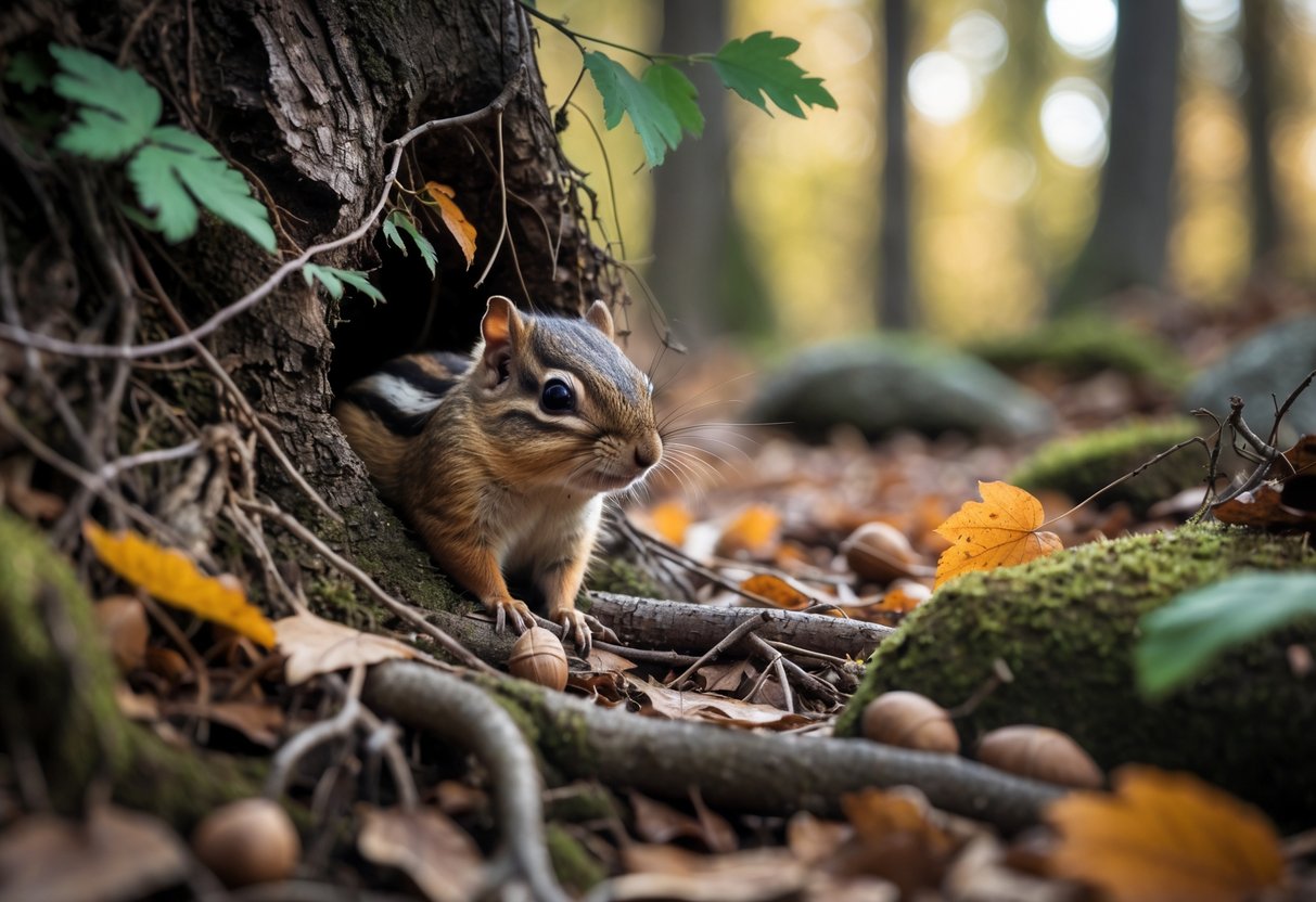 A chipmunk peeking out from behind tree roots and fallen leaves in a forest setting.
