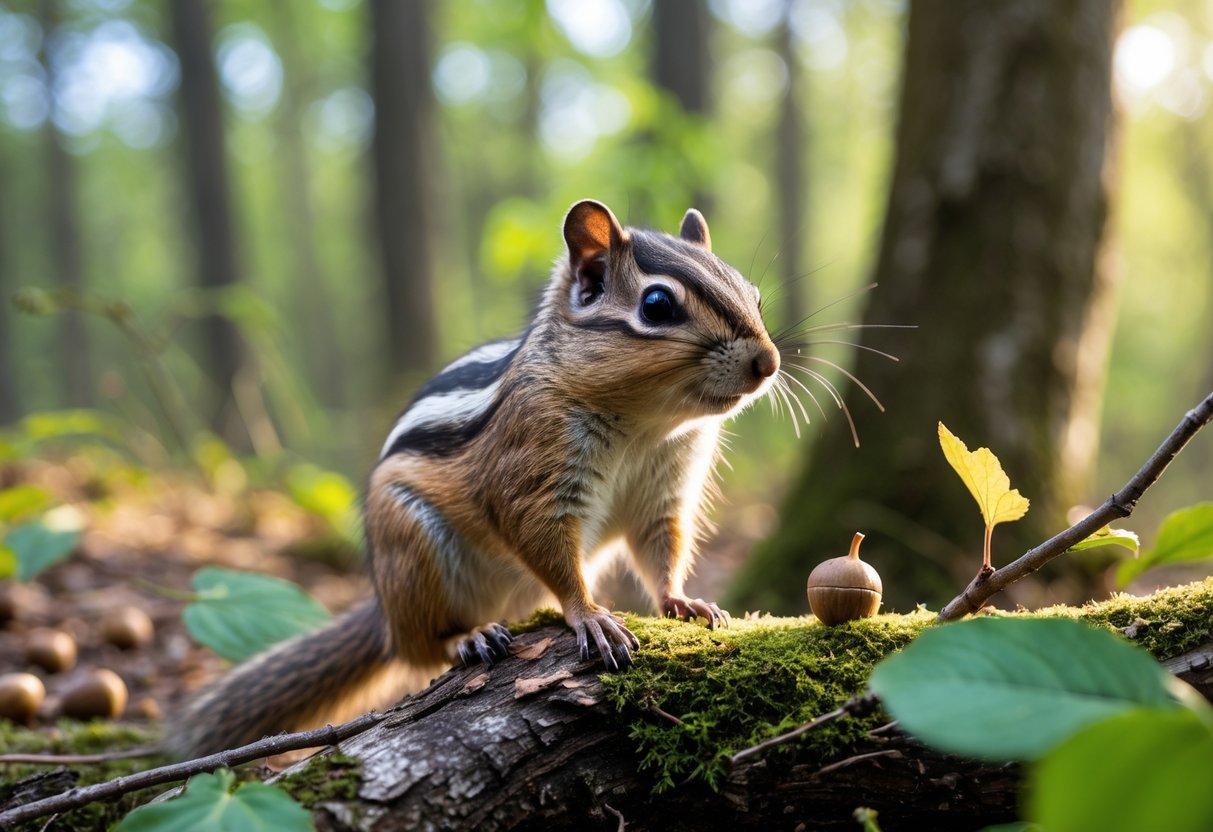 A chipmunk sitting on a mossy tree branch in a forest with green leaves and sunlight filtering through the trees.