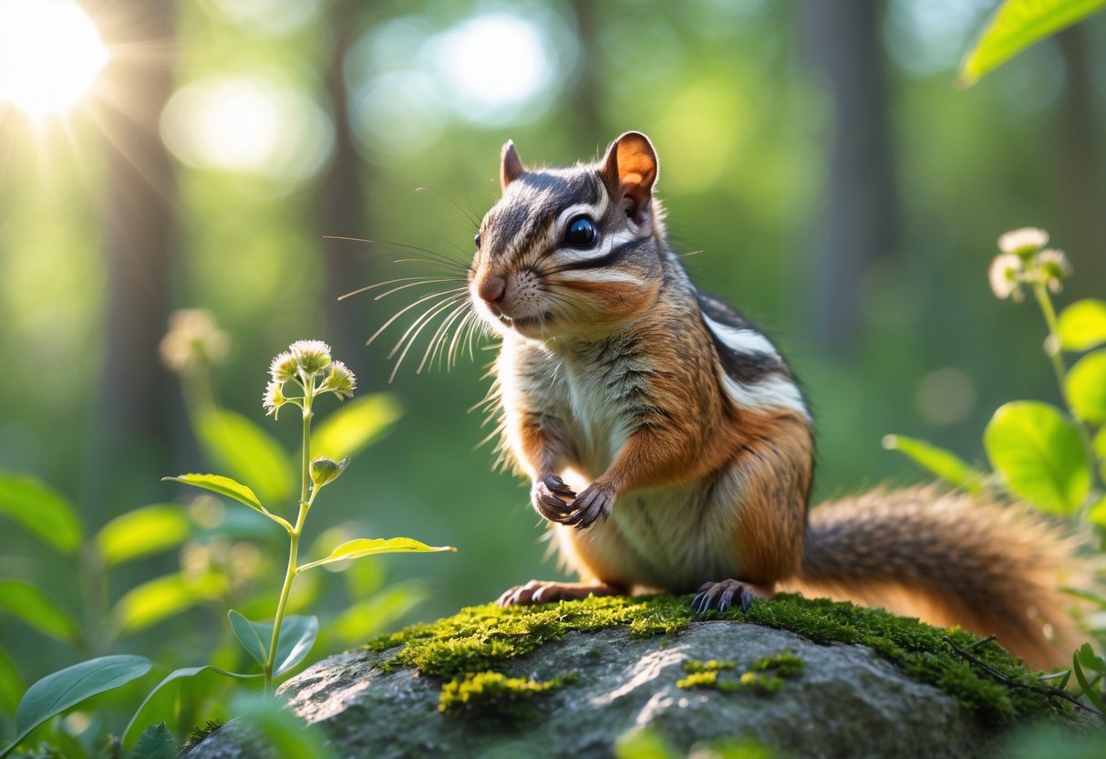A chipmunk sitting on a mossy rock in a sunlit forest, looking toward the camera.