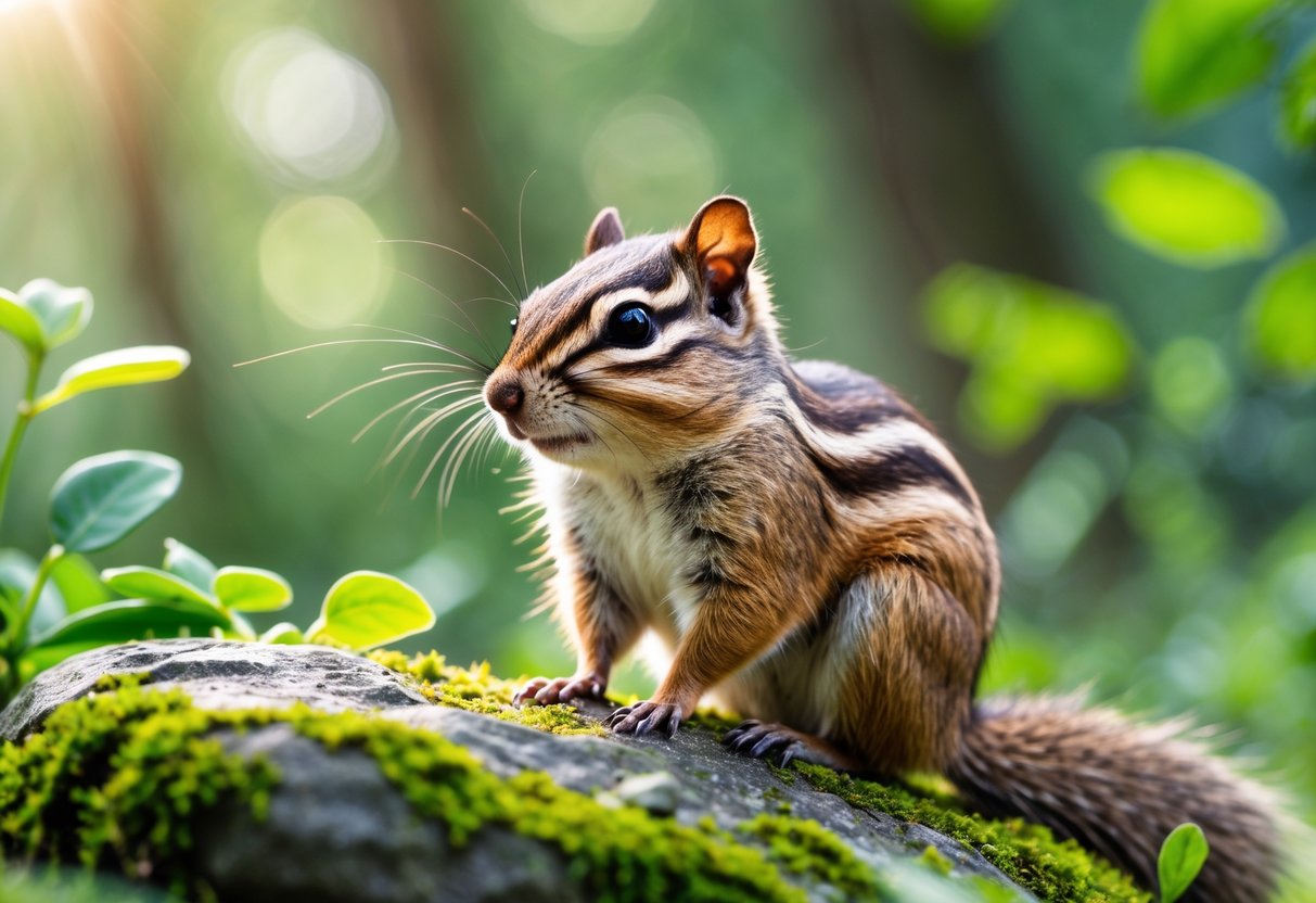 A chipmunk sitting on a mossy rock in a forest with green plants around it.