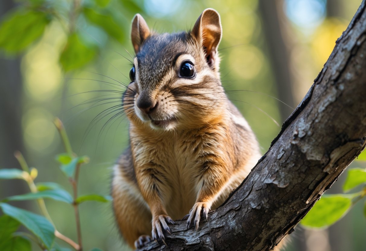 A chipmunk sitting on a tree branch in a forest looking towards the camera.