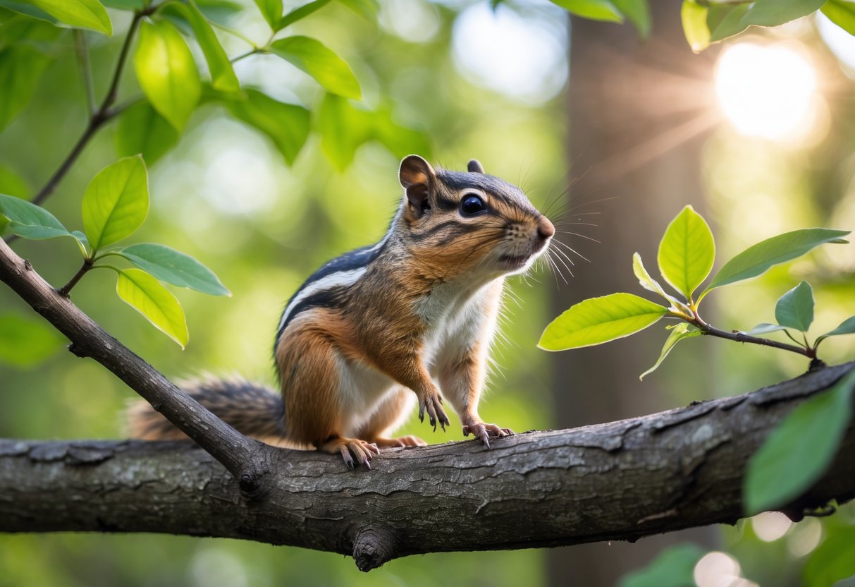 Close-up of a chipmunk sitting on a tree branch in a forest with green leaves around.
