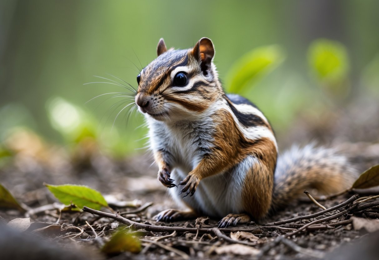 A chipmunk sitting on a forest floor with leaves and greenery in the background.