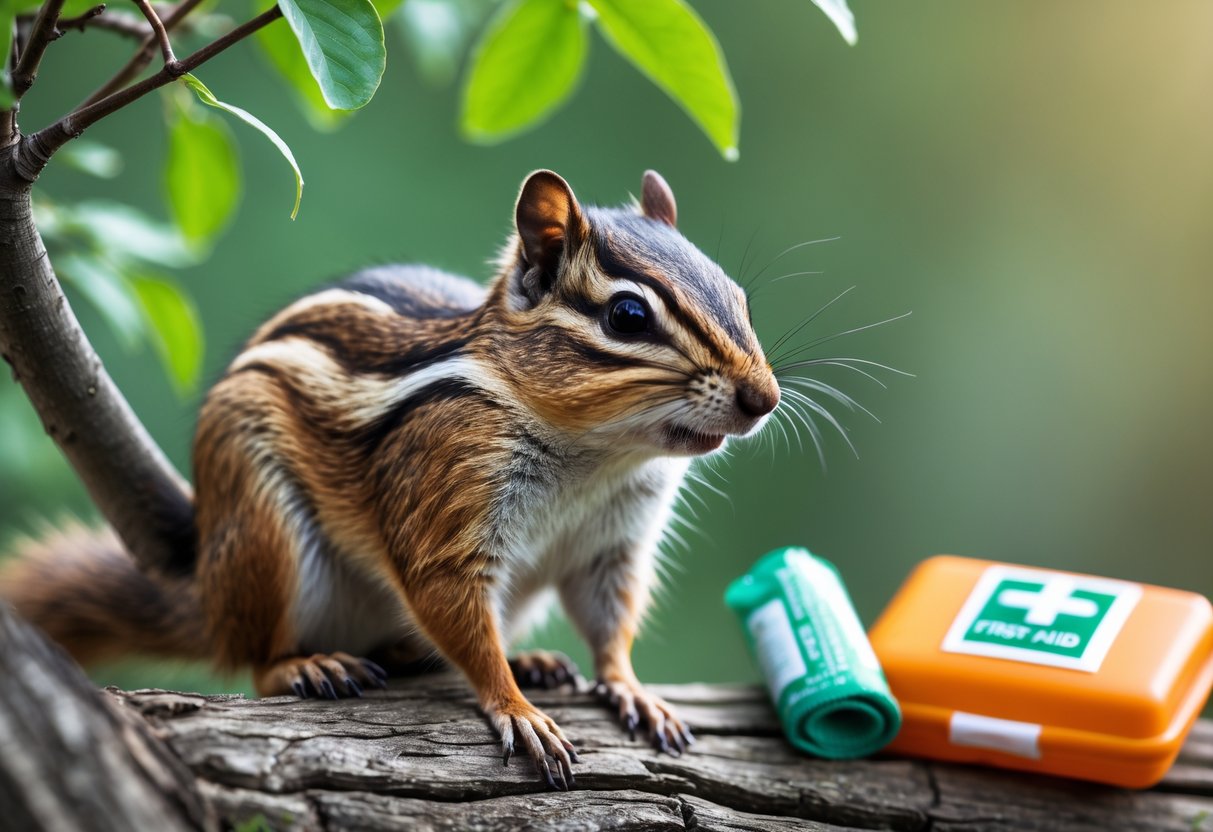 A chipmunk sitting on a tree branch near green leaves with gardening gloves and a small first aid kit placed nearby.
