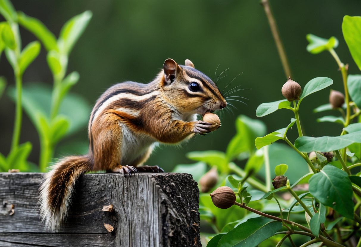 A chipmunk on a wooden fence post surrounded by green plants with some nibbled leaves and scattered seeds nearby.