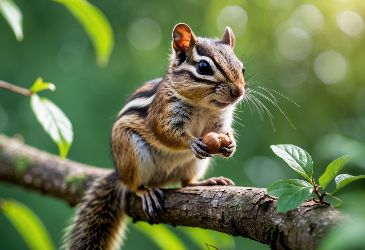 A chipmunk sitting on a tree branch in a green forest holding a nut.