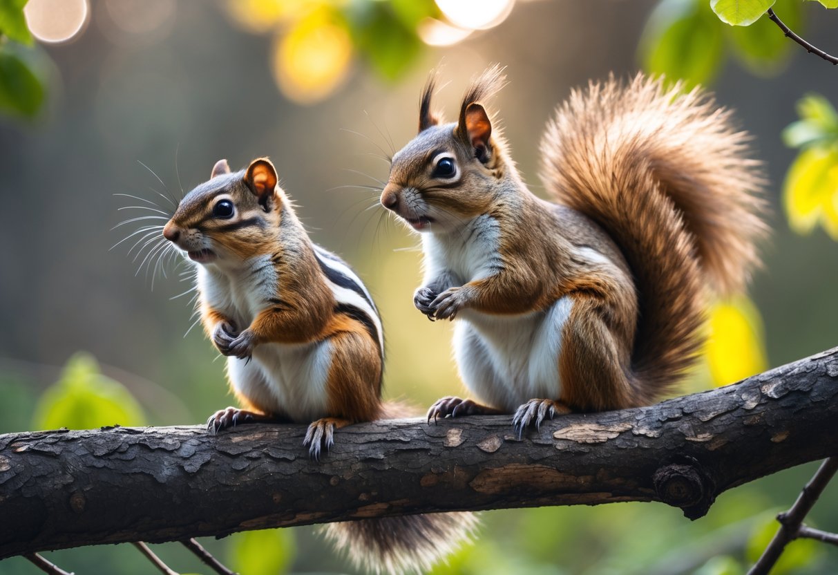 A chipmunk and a squirrel sitting side by side on a tree branch in a forest.