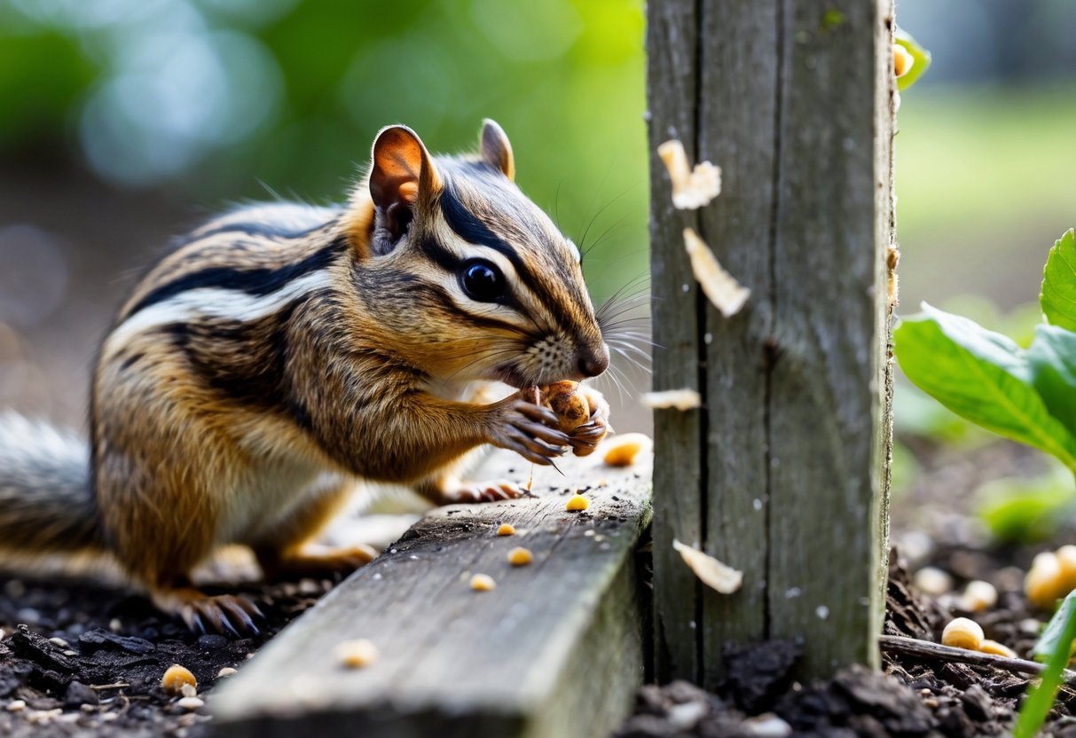 A chipmunk gnawing on a wooden fence post in a garden with visible minor damage to plants and wood.
