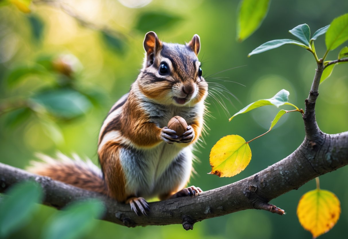 A chipmunk sitting on a tree branch holding a nut in a green forest.