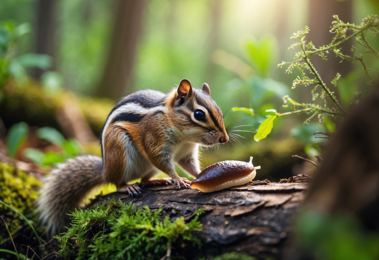 A chipmunk on a mossy log looking at a small slug in a forest setting.