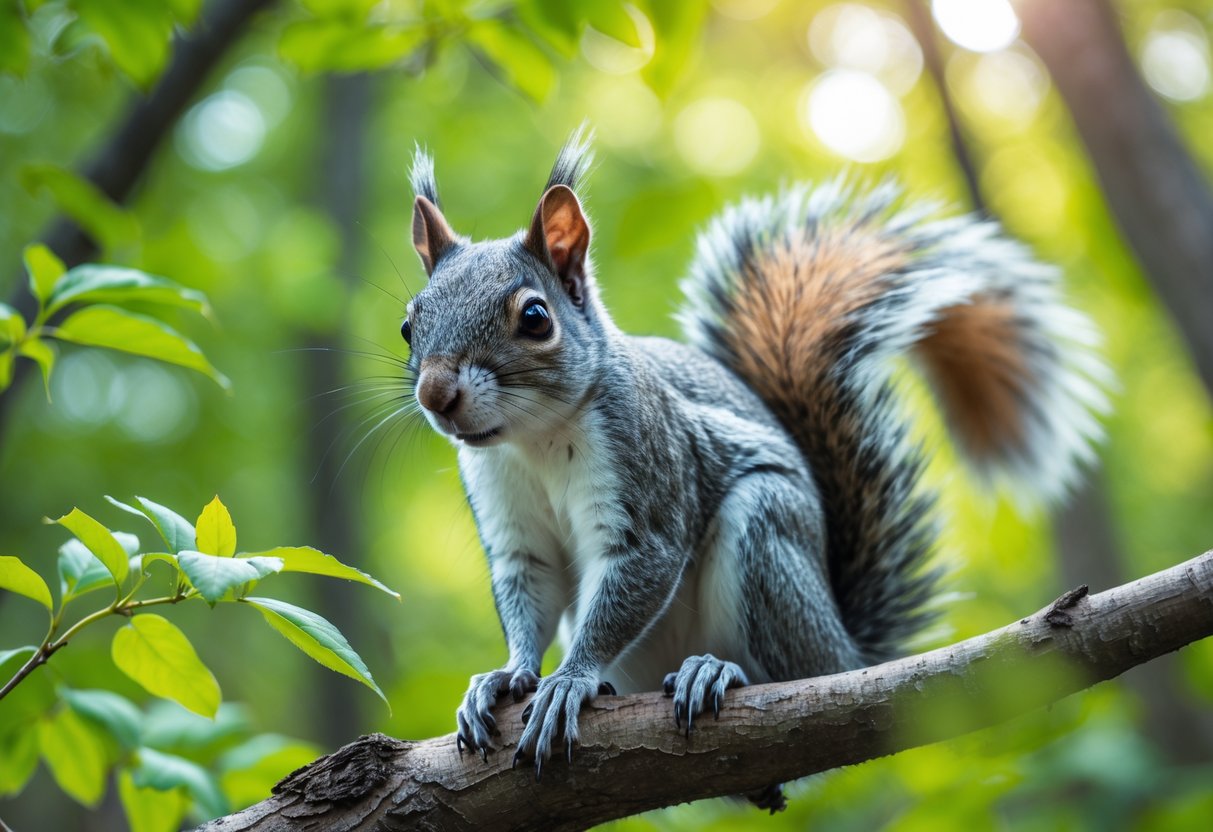 A close-up of a gray squirrel sitting on a tree branch in a green forest with sunlight filtering through the leaves.
