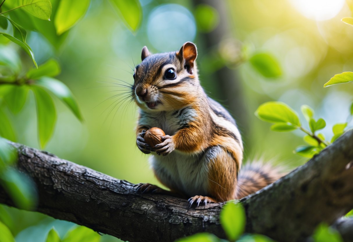 A chipmunk sitting on a tree branch in a forest, holding a nut.