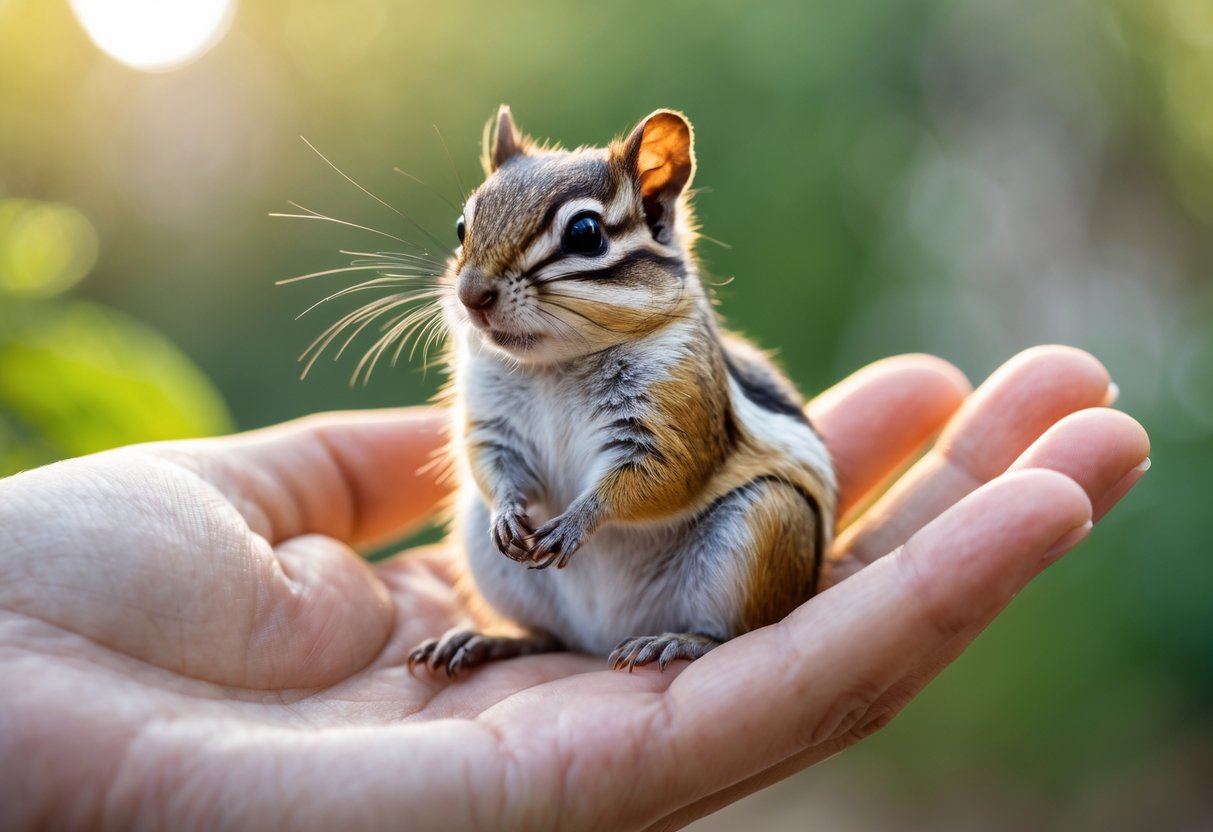 A chipmunk sitting calmly on a person's open hand outdoors with green foliage in the background.