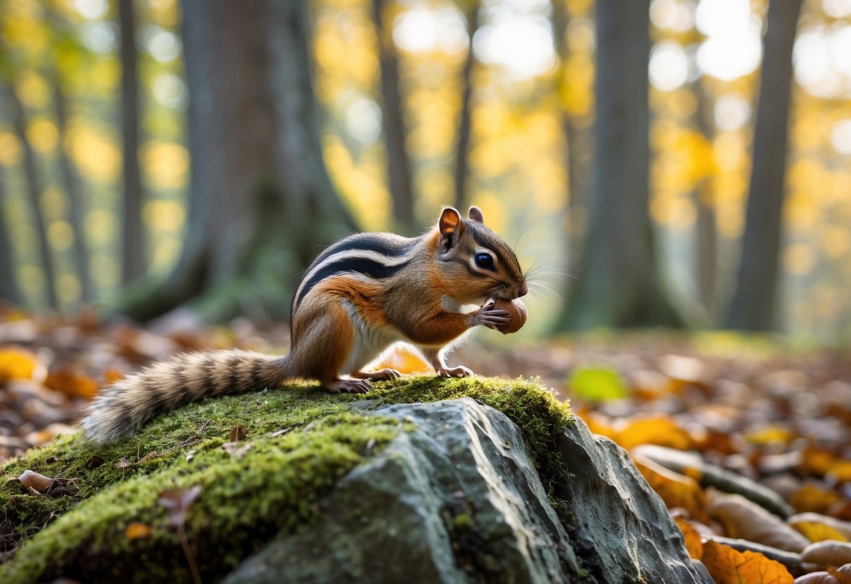 A chipmunk sitting on a mossy rock in a European forest with autumn leaves and trees in the background.