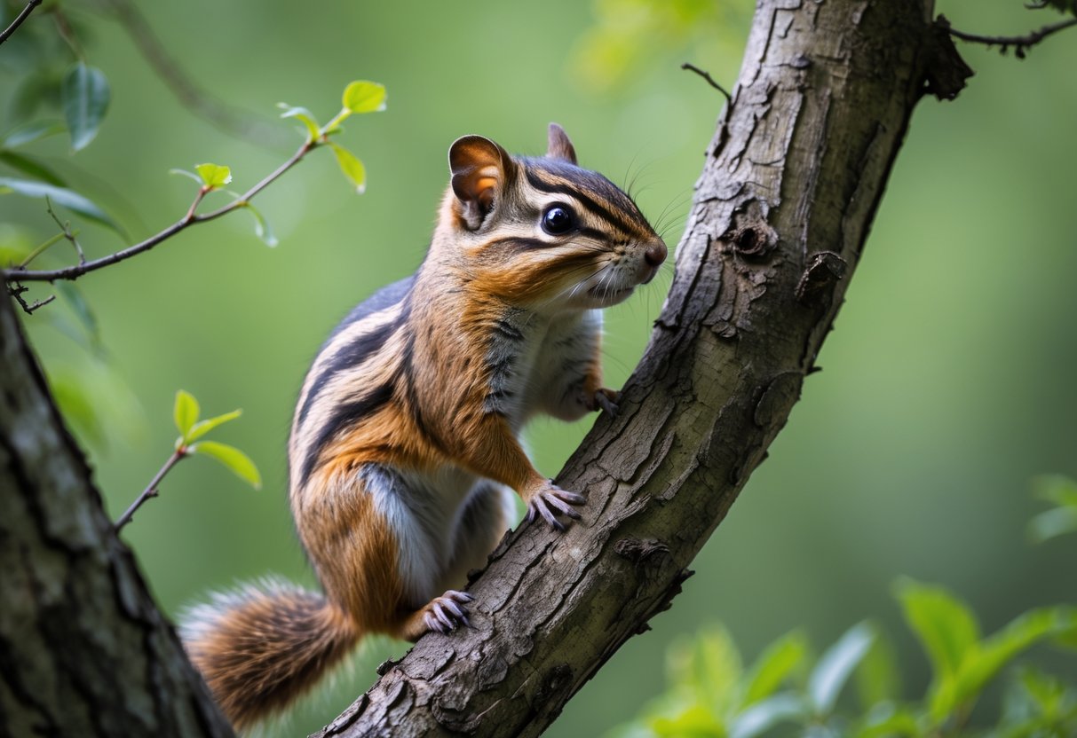 A small striped mammal similar to a chipmunk sitting on a tree branch in a forest.