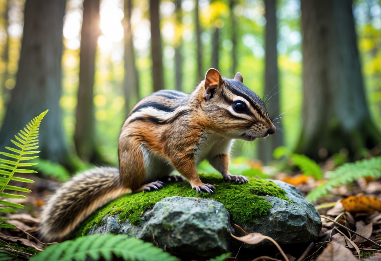 A chipmunk sitting on a mossy rock in a green forest with trees and ferns around it.