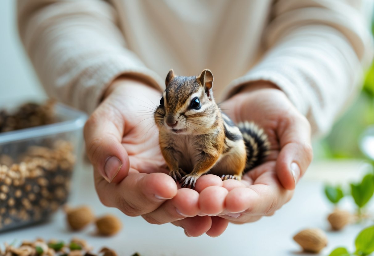 A person gently holding a small chipmunk in their hands with a natural indoor setting and a small enclosure in the background.