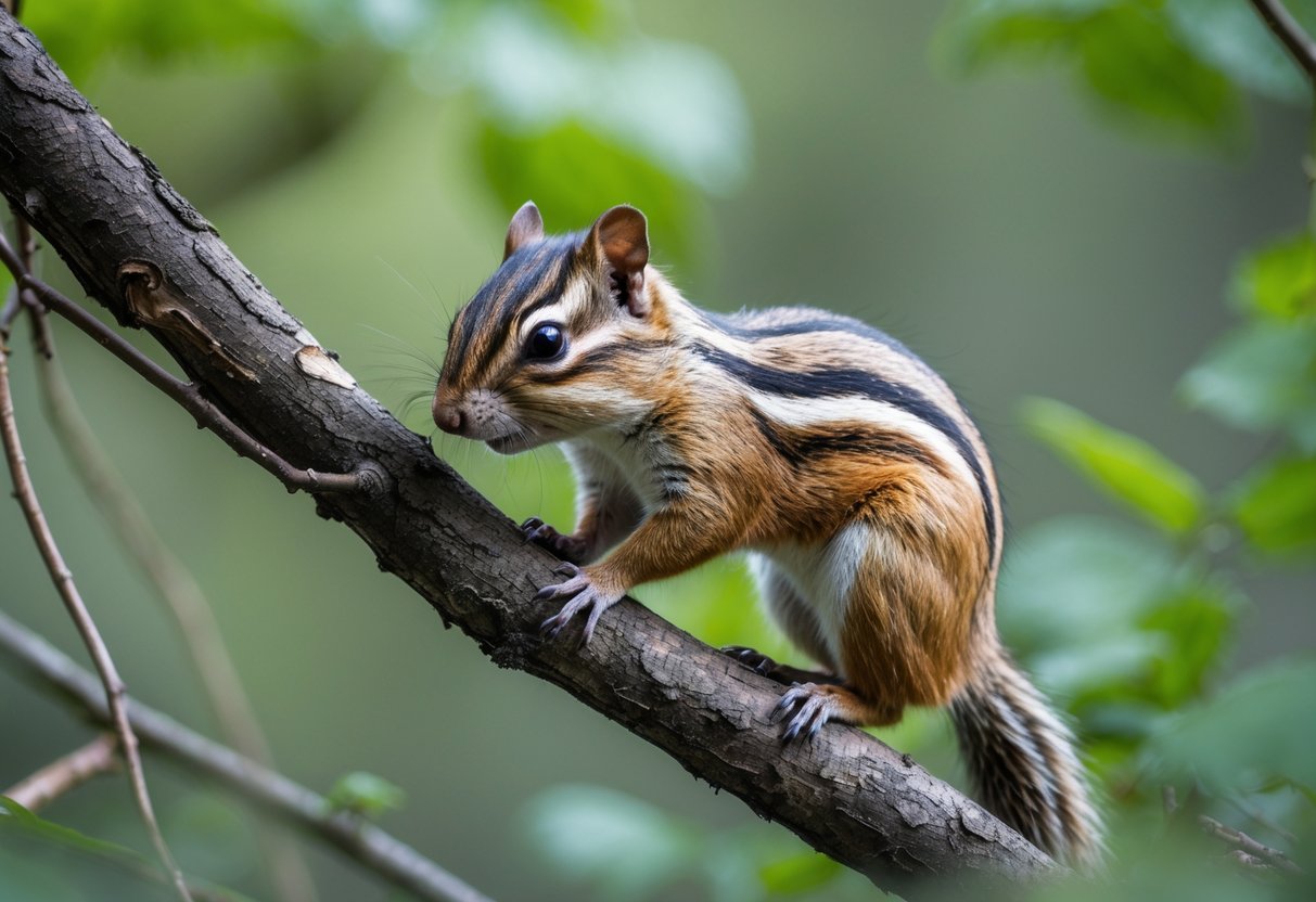 A small mammal resembling a chipmunk sitting on a tree branch in a forest.