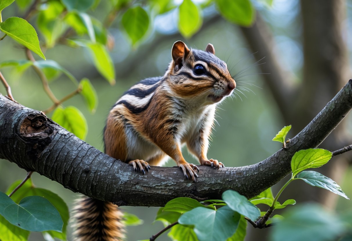 A chipmunk sitting on a tree branch surrounded by green leaves in a forest.
