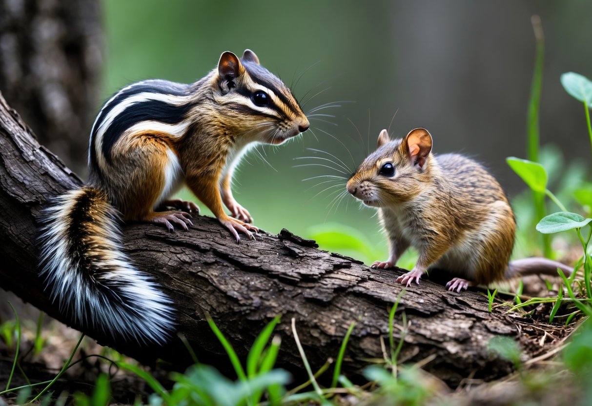 A chipmunk on a tree branch and a vole on the grass nearby in a forest setting.