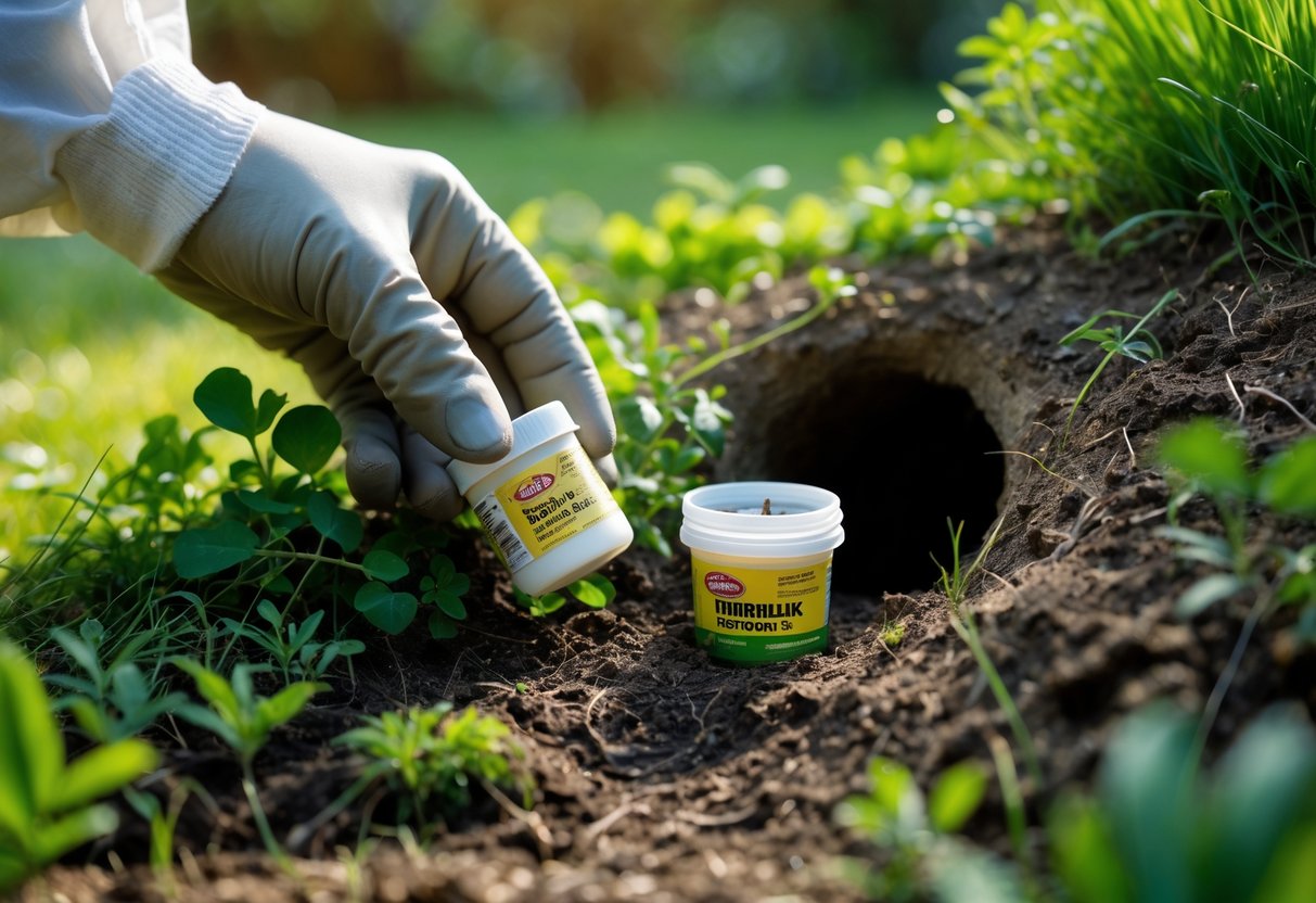 A hand placing a small container near a chipmunk hole in the ground in a garden.