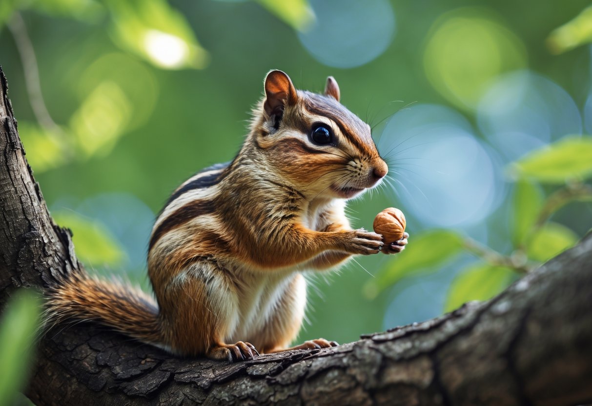A female chipmunk sitting on a tree branch in a forest with green leaves in the background.