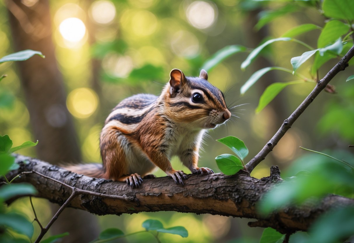 A female chipmunk sitting on a tree branch in a forest with green leaves and sunlight filtering through.