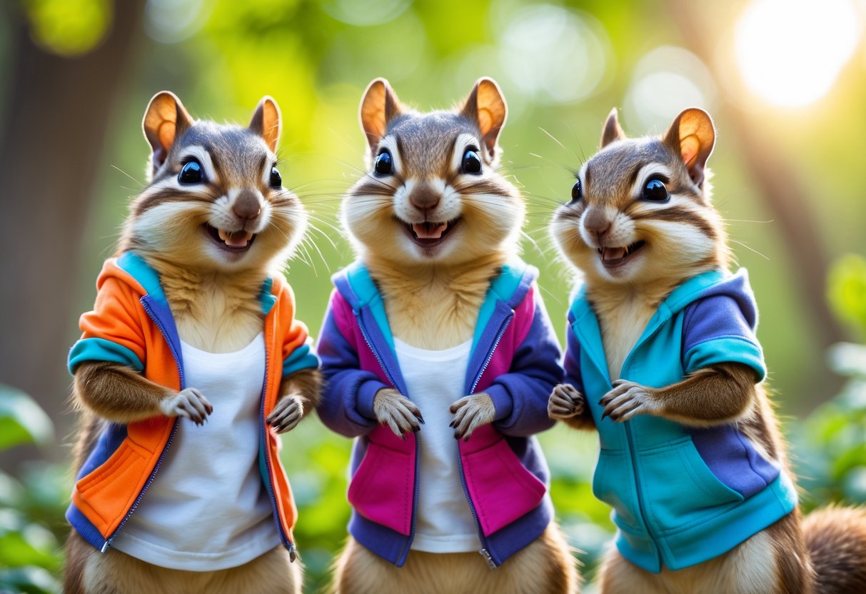 Three female chipmunks standing together outdoors, smiling and interacting playfully among trees.
