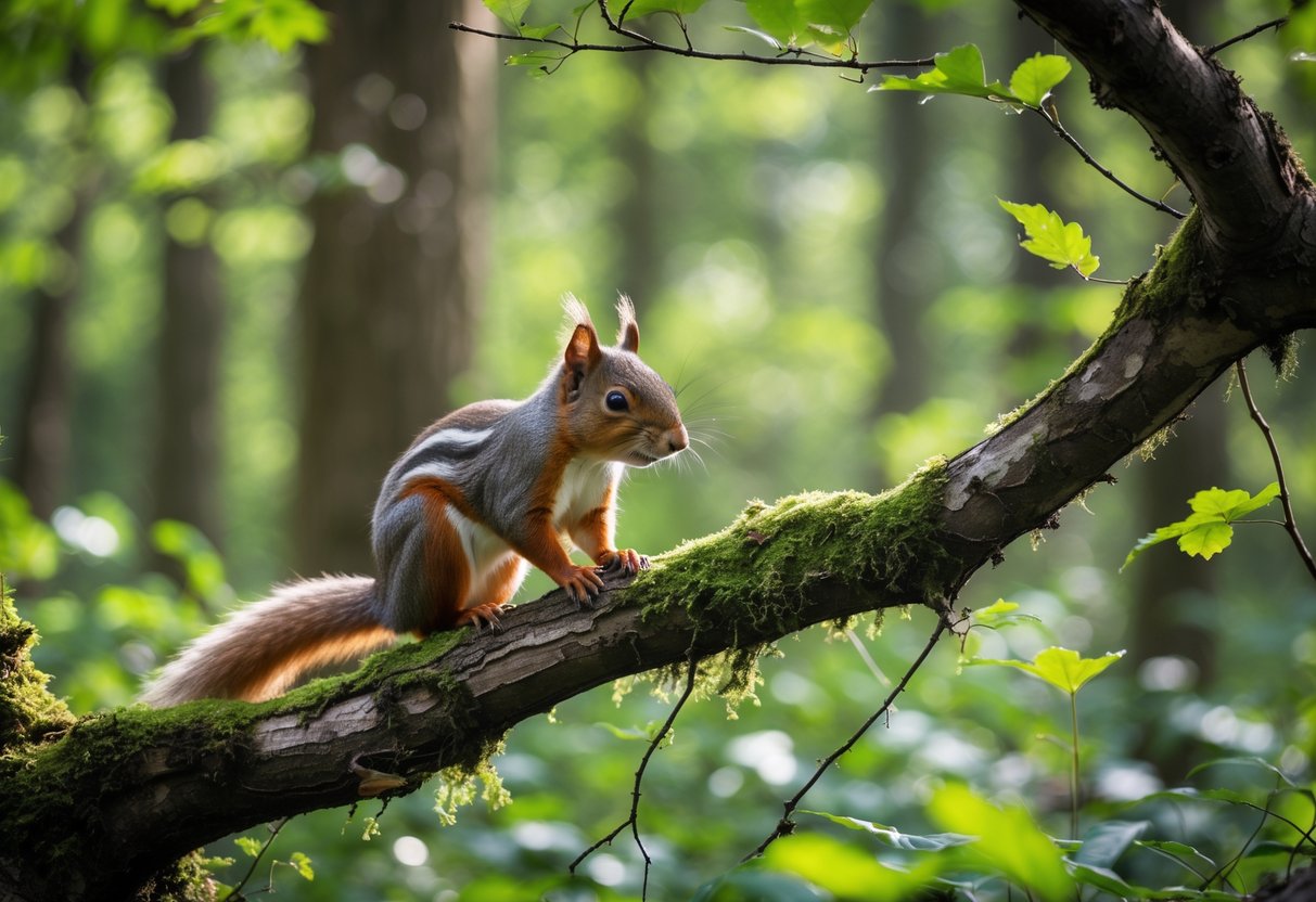 A red squirrel sitting on a mossy tree branch in a green forest with sunlight filtering through the leaves.