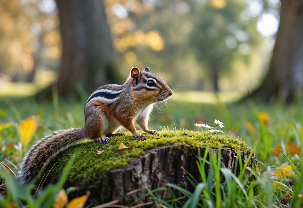 A chipmunk sitting on a mossy rock surrounded by green grass and trees in a woodland setting.