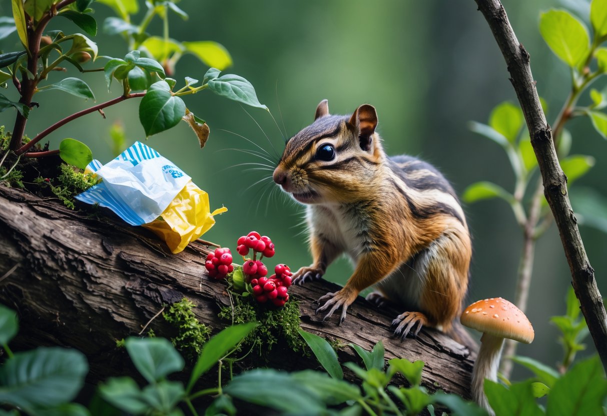A chipmunk on a tree branch surrounded by plants, with nearby poisonous berries and discarded food wrappers visible.