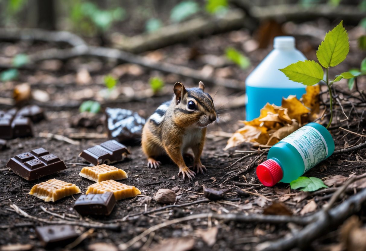 A chipmunk on a forest floor surrounded by harmful substances like chocolate, pesticides, and toxic plants.