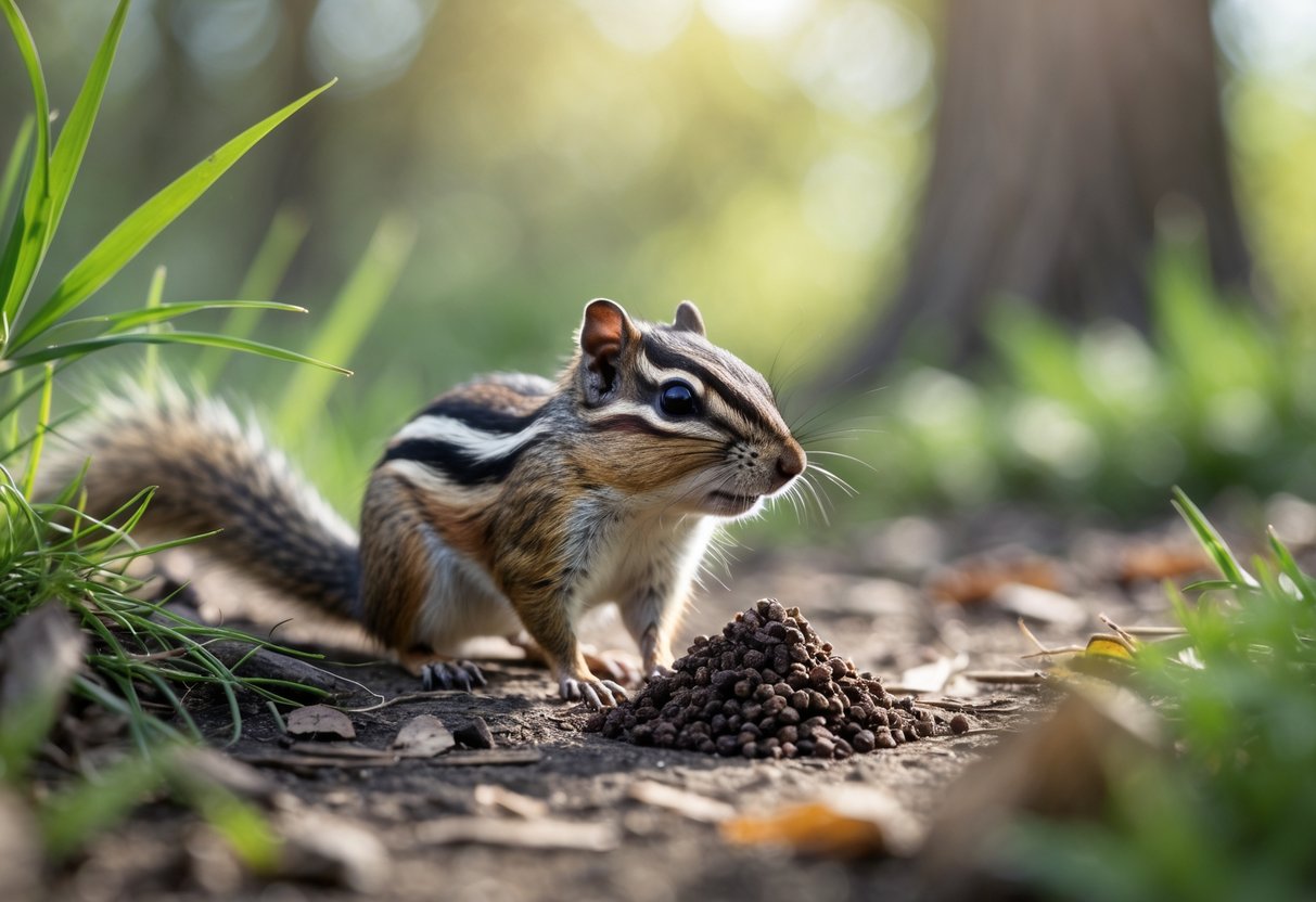 A chipmunk near a small pile of droppings on the ground in a natural outdoor setting with grass and leaves.