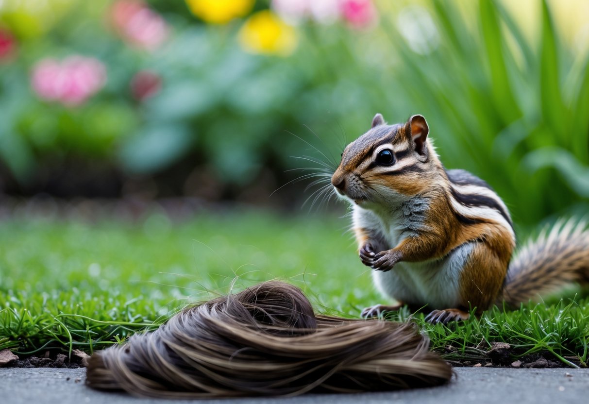 A chipmunk sitting on grass near a garden bed with some human hair strands placed on the ground nearby.