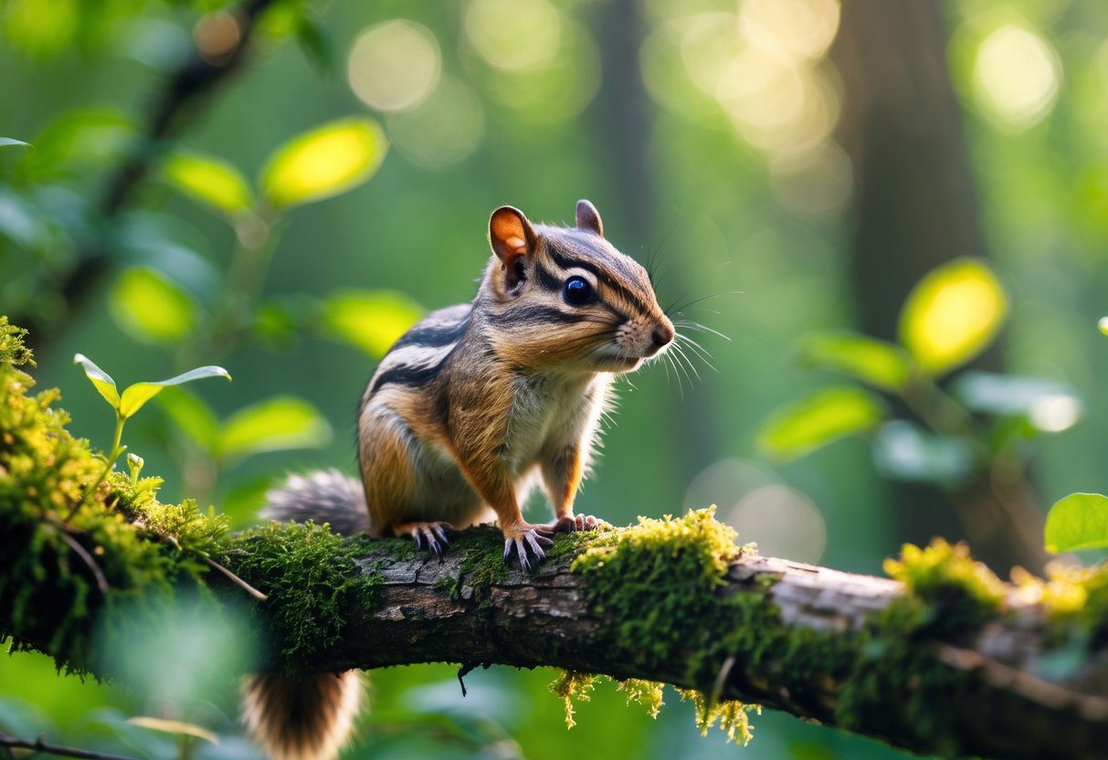 A small green-tinted chipmunk sitting on a mossy tree branch in a forest.