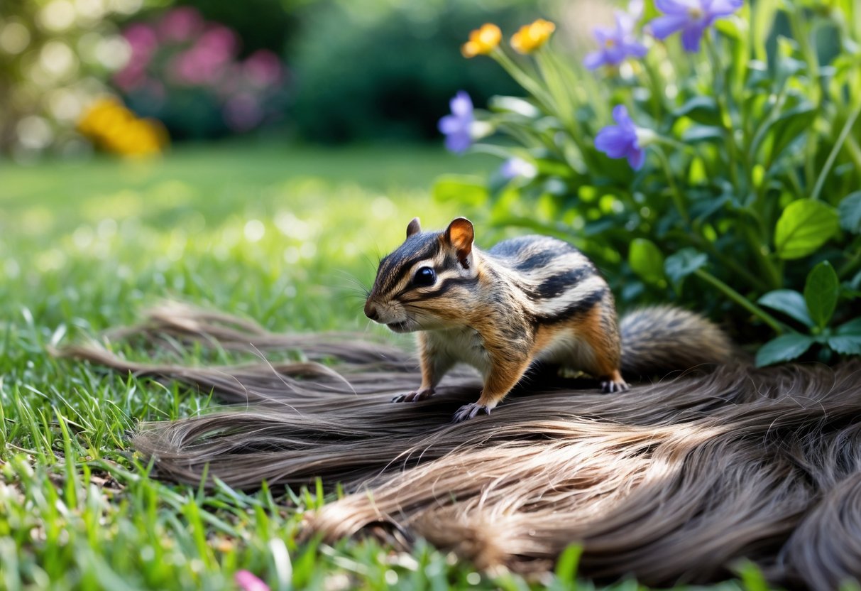 A chipmunk near strands of human hair on grass in a garden setting.