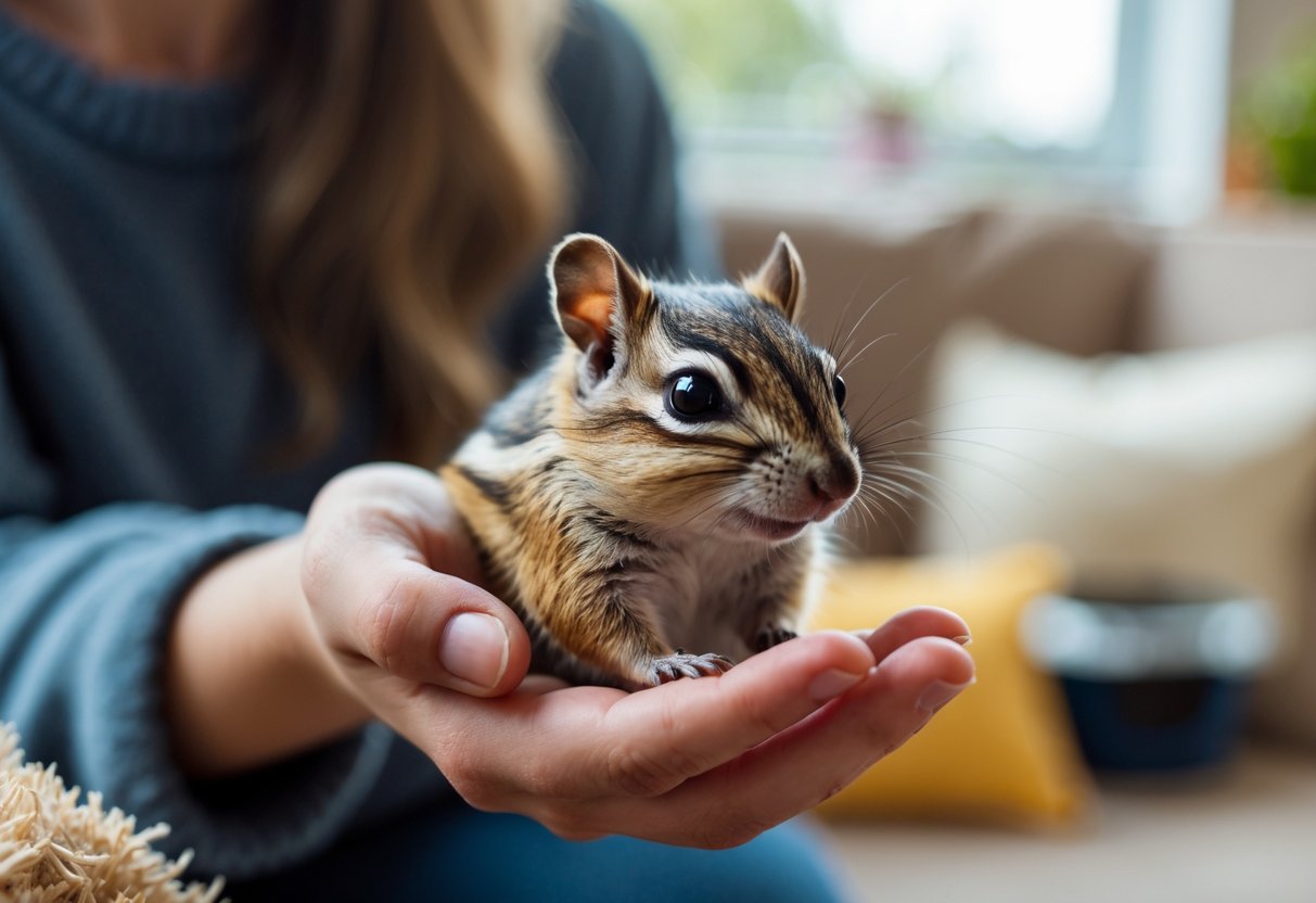 A person gently holding a small chipmunk indoors with a cozy background.