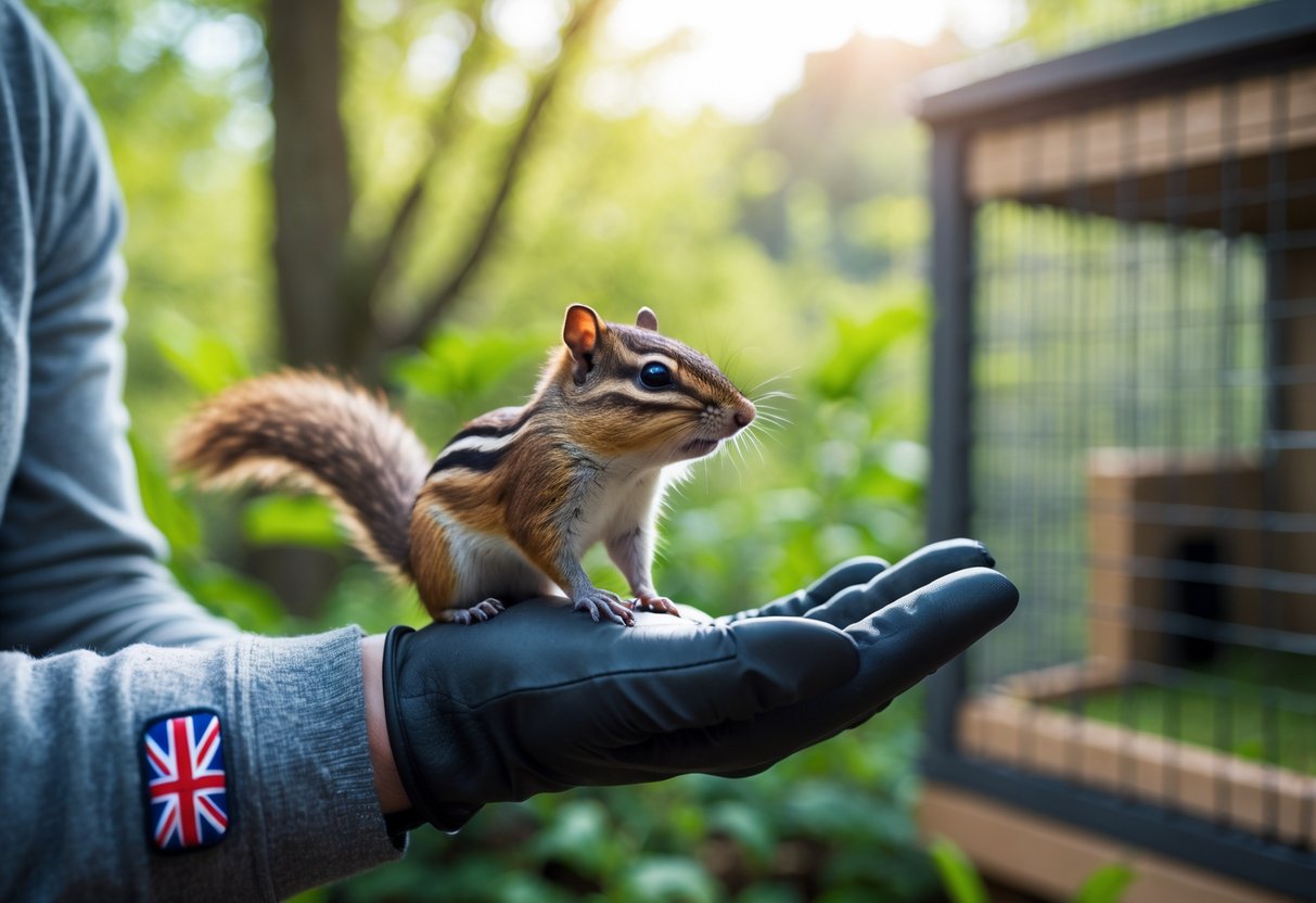 A person holding a chipmunk outdoors with green foliage in the background, looking thoughtfully at the animal.