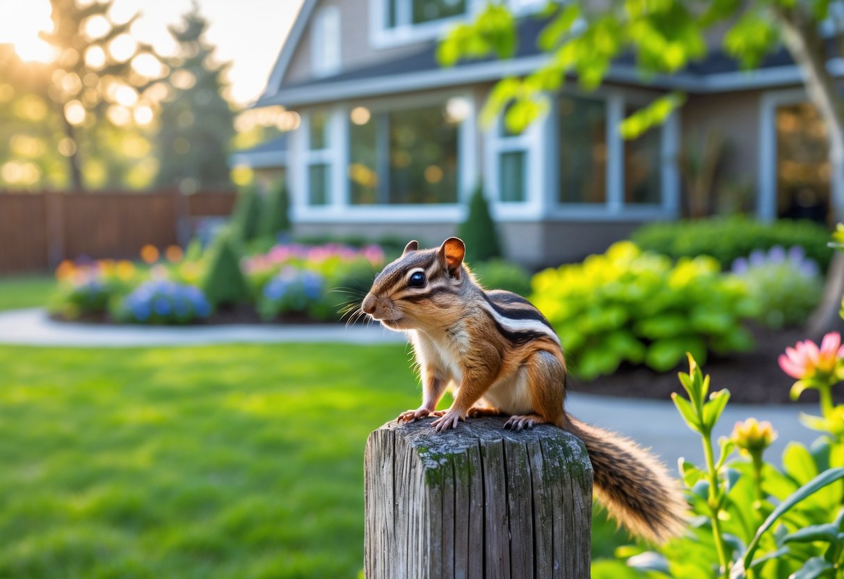 A chipmunk sitting on a wooden fence post in a backyard garden near a house.