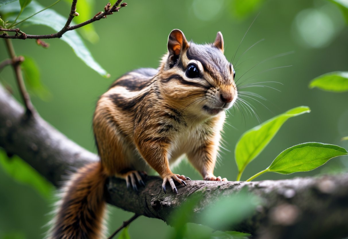 A chipmunk sitting on a tree branch surrounded by green leaves in a forest.
