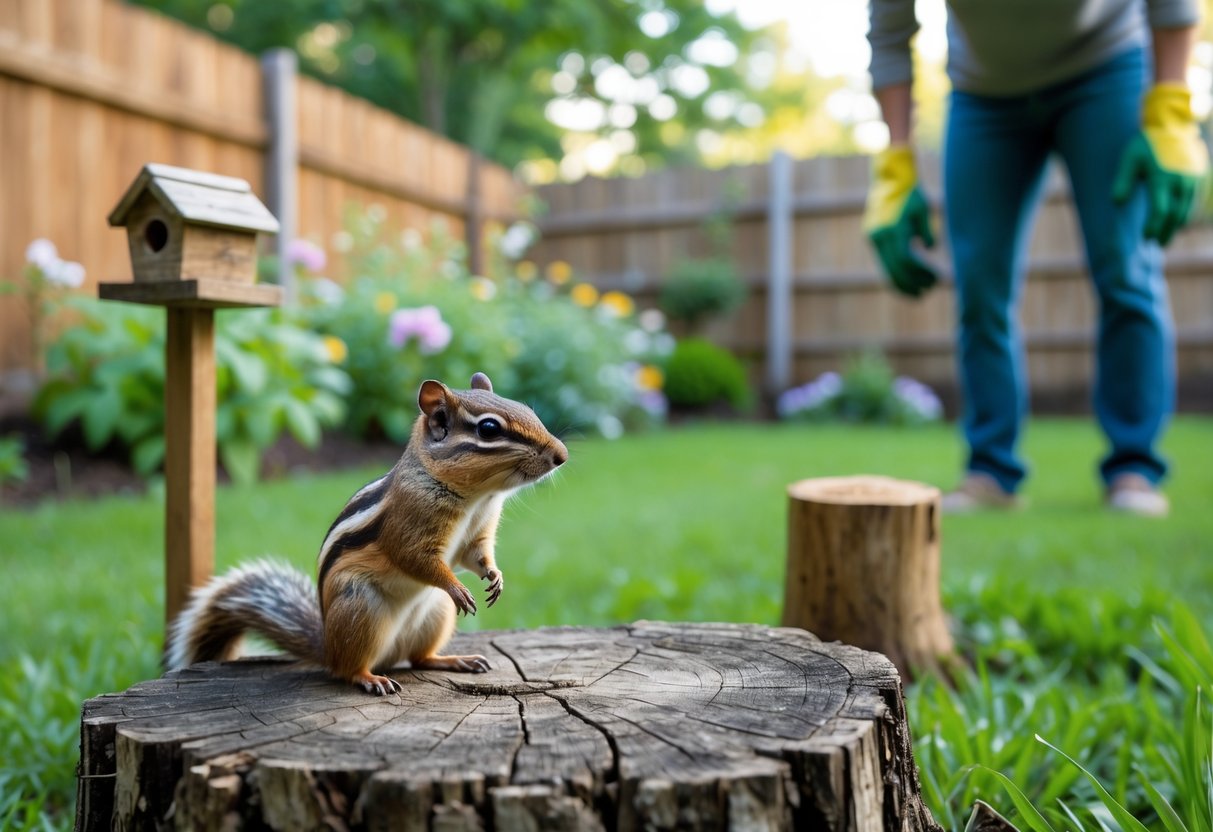 A chipmunk sits on a tree stump in a backyard garden while a person watches nearby, surrounded by plants and a wooden fence.