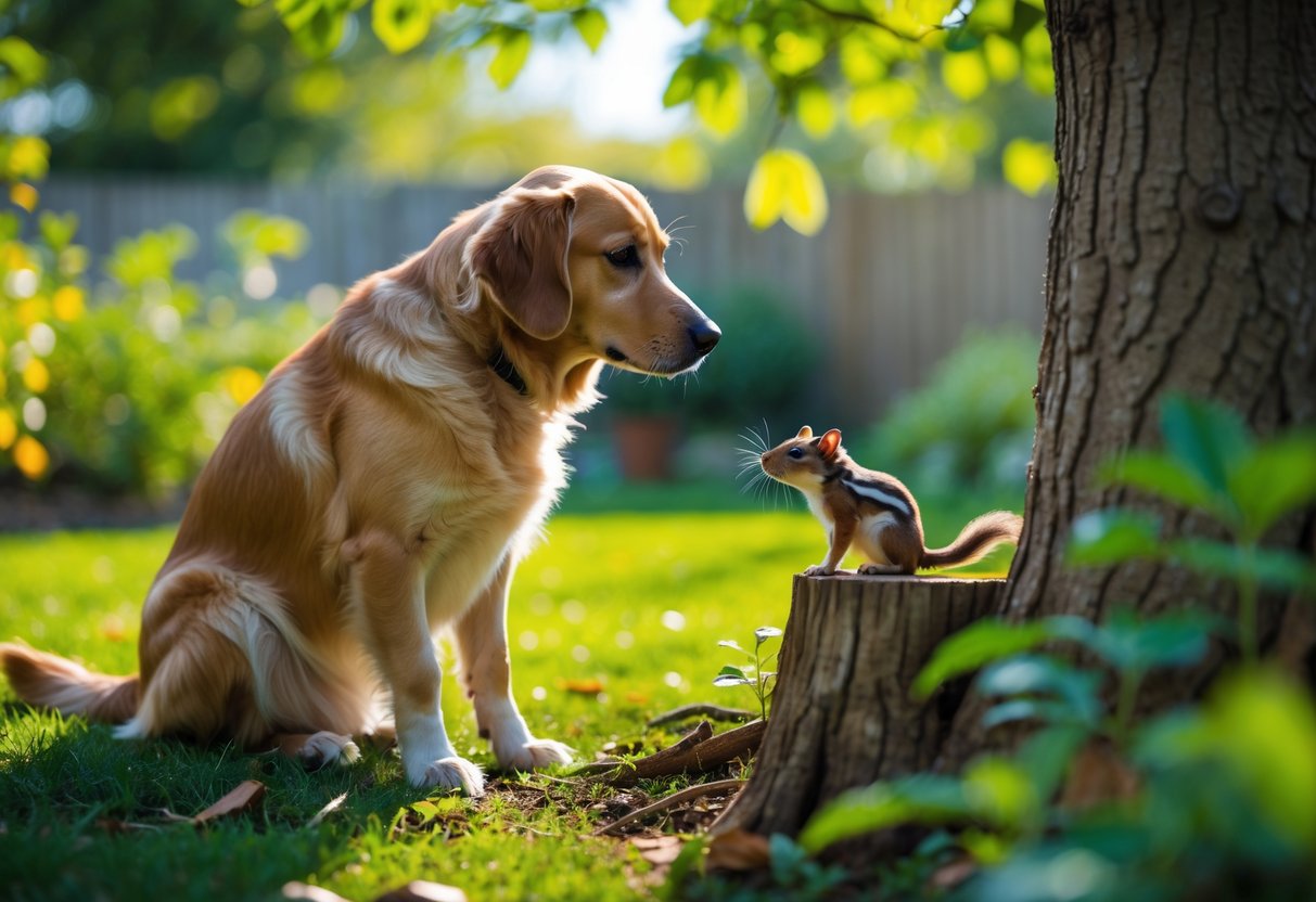 A dog looking closely at a chipmunk sitting near a tree stump in a green backyard.