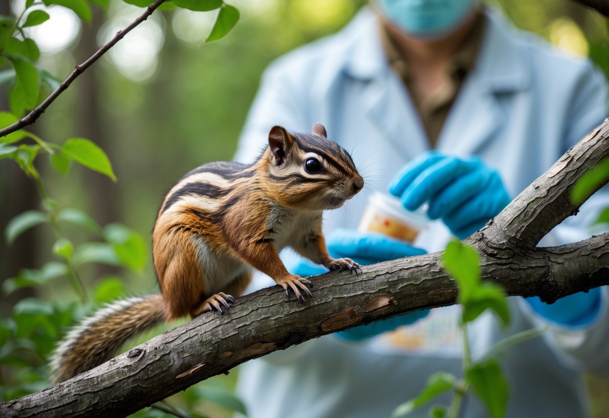 A chipmunk sitting on a tree branch with green leaves around and a person in the background holding a specimen container.