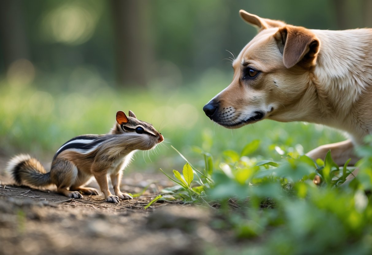 A dog calmly looking at a chipmunk on the ground in a natural outdoor setting.