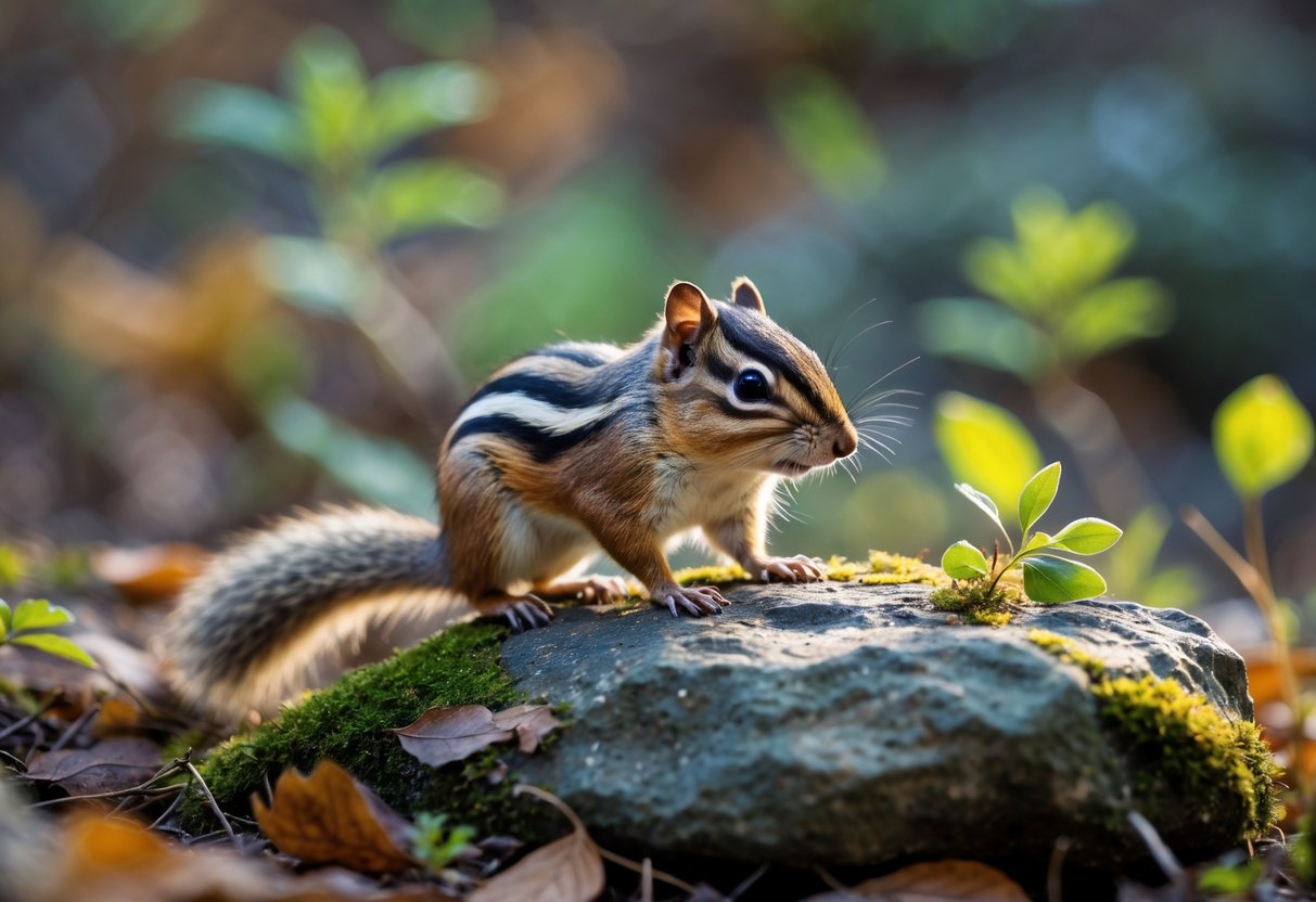 A chipmunk sitting on a mossy rock in a forest with leaves and plants around it.