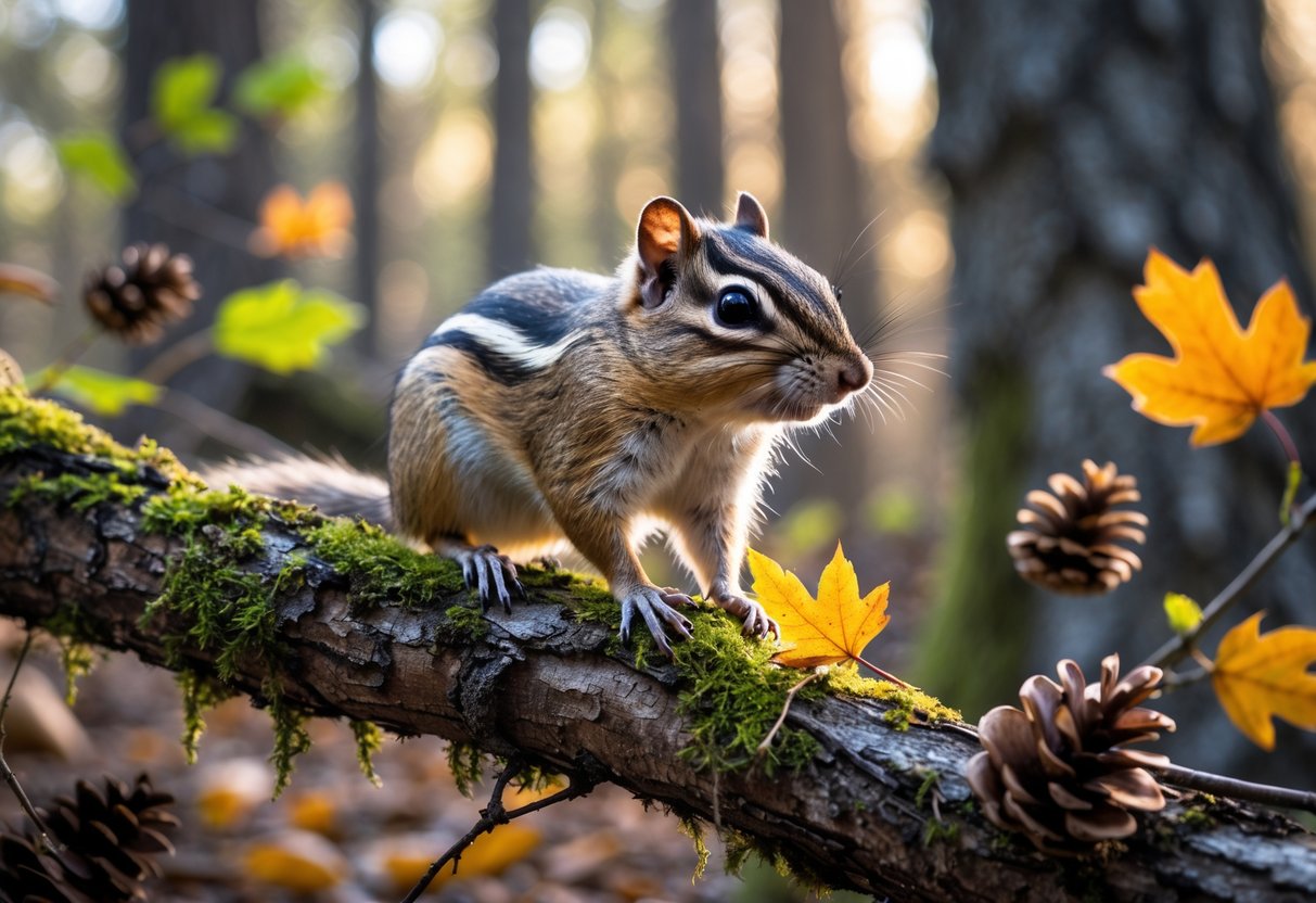 A chipmunk sitting on a mossy tree branch in a forest with autumn leaves and sunlight filtering through the trees.